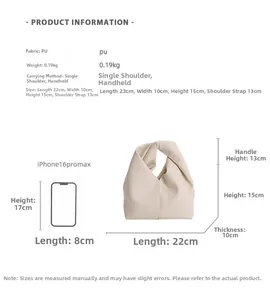 Tableau détaillé des tailles du sac seau en cuir PU beige avec dimensions et téléphone
