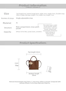 Detailed size chart for vintage brown PU bucket bag with precise dimensions and crossbody strap