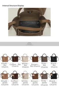 Litchi pattern leather bucket bag internal structure and 12 color options with charms