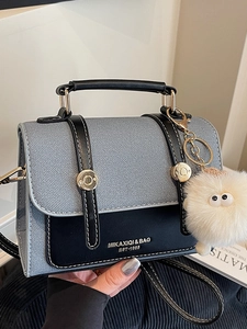 Vintage Women PU Leather Small Square Crossbody Bag With Contrast Stitching Retro Shoulder Handbag With Plush Pendant