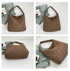 Detailed views of dark brown tote bag with Never Say Goodbye embroidery from four angles