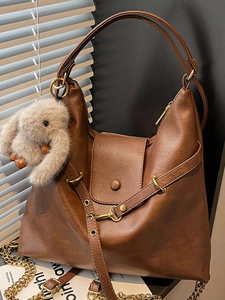 Vintage Women Tote Bag PU Leather Large Capacity Patchwork Shoulder Bag With Plush Rabbit Pendant Commuter Handbag For Ladies