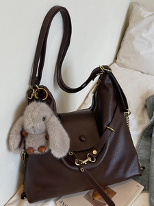 Retro chocolate brown large tote bag in soft PU leather with cute bunny charm