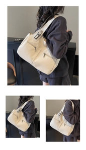 Detailed view of beige tote bag with soft PU leather texture and stylish zipper pockets