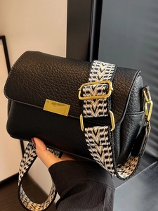 Vintage PU Leder Umhängetasche Für Damen Mode Kleine Quadratische Tasche Mit Breitem Webband Goldene Hardware Freizeit Tasche