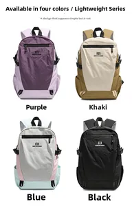 Collage of casual waterproof nylon backpacks in purple, khaki, blue, and black colors