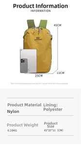 Confronto dimensioni dello zaino giallo da 0,28 kg accanto a un iPad e smartphone
