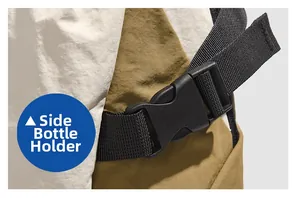 Detail of backpack side pocket with adjustable black buckle and durable nylon fabric