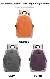 Detailed view of three-color leisure backpacks in orange, gray, and purple tones