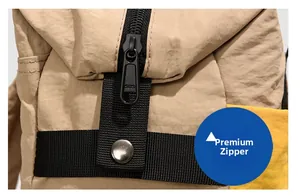 Vue détaillée d'une fermeture éclair SBS sur un sac à dos en nylon kaki texturé