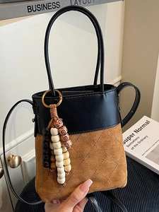 Vintage Patchwork Suede Leather Bucket Bag For Women Quilted Crossbody Shoulder Bag With Wooden Bead Charm Korean Small Handbag