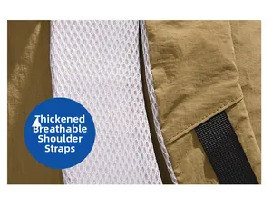Close-up of thickened breathable honeycomb mesh shoulder straps on khaki travel backpack