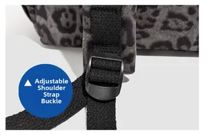 Detail view of the black adjustable shoulder strap buckle on a leopard print backpack