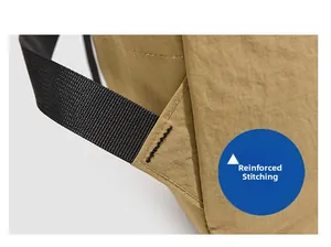 Reinforced stitching detail on khaki backpack straps showing high density bartack craftsmanship