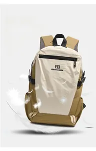 Macro view of lightweight color-block Oxford backpack featuring functional front zipper pocket