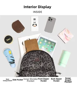 Detailed interior view of grey leopard print backpack showing large storage capacity