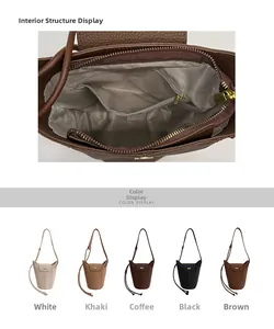 Détails de la doublure en tissu à chevrons et de la poche intérieure zippée du sac seau