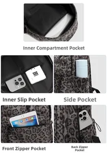 Detailed interior view of leopard print backpack showing multiple storage compartments