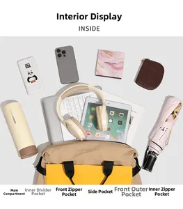 Vue détaillée du compartiment intérieur d'un sac à dos bicolore kaki et jaune spacieux