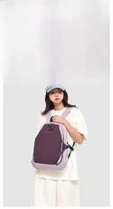 Detail of lilac purple water-repellent nylon backpack with adjustable buckles and straps