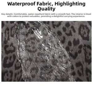 Detail of waterproof leopard print fabric showing water resistance and inner padding