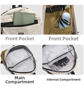 Detail view of multi-compartment interior storage and Oxford fabric texture of the backpack