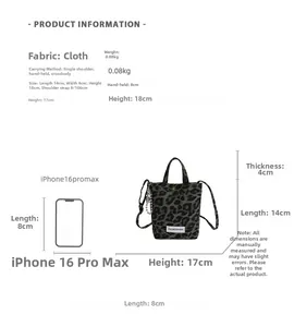 Spécifications de taille pour mini sac téléphone en toile léopard pesant seulement 0,08 kg