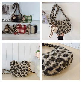 Detail view of plush shoulder bags in leopard print and plaid textures with bear charms