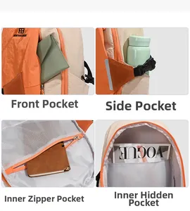 Detail view of contrast color backpack with waterproof nylon pockets and internal storage