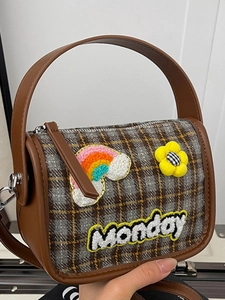 Vintage Kariert Quadratisch Umhängetasche Für Damen PU Leder Patchwork Handtasche Mit Monday Aufnäher Regenbogen Blumen Stickerei Kleine Schultertasche