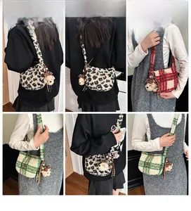 Detail shots of plush leopard and plaid crossbody bags with cute teddy bear charms