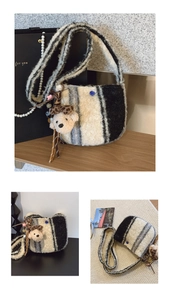 Detail of plush saddle bag with black grey beige stripes and bear charm accessory