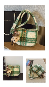 Detail of checkered plush shoulder bag with cute bear charm and orange snap button