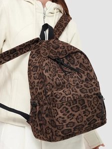 Leopard print backpack for students with large capacity and stylish red embroidery detail