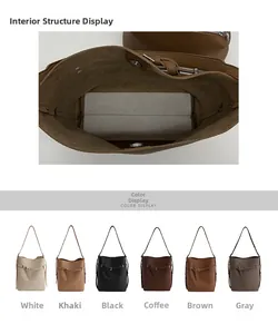 Detail view of large capacity bucket bag interior and multi-color lychee leather selection
