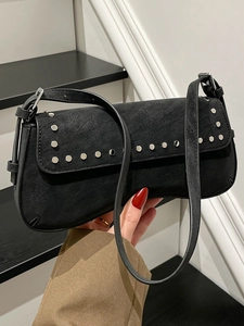 Vintage PU Leather Underarm Bag For Women With Metal Rivet Decor Retro Rivet Shoulder Bag Fashion Commuter Baguette Bag