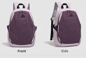 Front and side view of purple contrast backpack showing wrinkled nylon texture and zippers