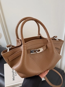 Sac Seau Tendance en Cuir PU Motif Litchi pour Femmes Sac à Main Minimaliste Couleur Unie Avec Serrure Métallique et Bandoulière Amovible