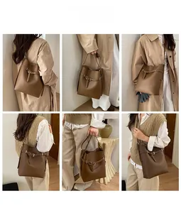 Brown leather bucket bag styled with trench coat and knit vest in multiple viewpoints