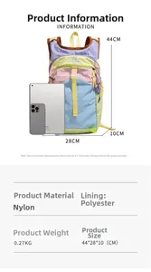 Vue détaillée du sac à dos extérieur étanche montrant ses dimensions et son tissu nylon