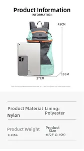 Size chart for 45x27x13cm lightweight nylon hiking backpack with iPad scale comparison