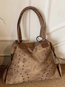 Retro Rivet Large Capacity Tote Bag For Women PU Leather Urban Minimalist Shoulder Bag Solid Color Fashion Underarm Handbag