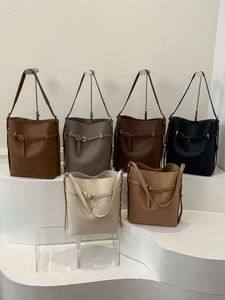 Litchi pattern leather bucket bags in six colors including black, brown, and beige