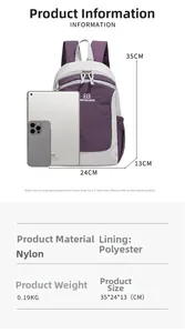 Size chart for purple nylon backpack showing dimensions 35x24x13cm and weight 0.19kg