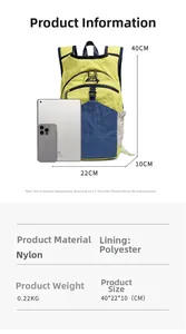 Outdoor backpack size comparison with tablet and phone showing 40x22x10cm dimensions