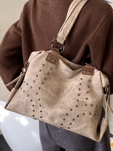 Vintage large khaki tote bag with rivet details and retro washed finish for women