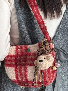 Retro red and white checkered plush crossbody bag with cute charms for spring style