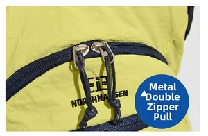 Detail of high-quality metal dual zippers with blue woven pullers on outdoor backpack