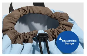 Detail of drawstring closure and contrast colors on this large waterproof sports backpack