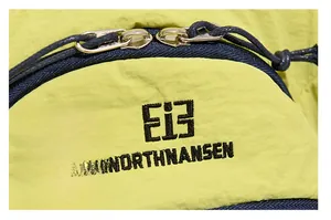 Detailed macro shot of durable nylon fabric and high-quality double zipper on yellow backpack